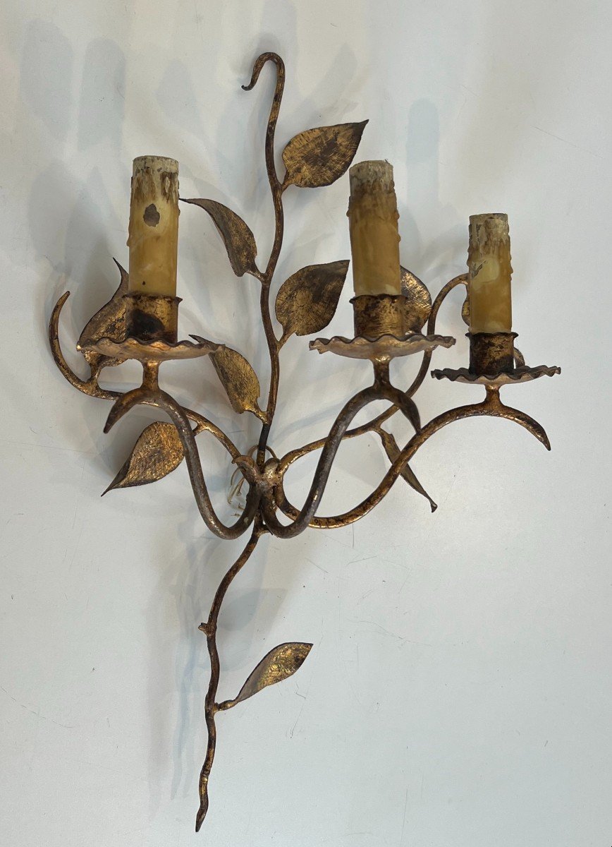 Pair Of 3 Lights Gilt Metal Wall Sconces With Leaves. French Work. Circa 1970-photo-1
