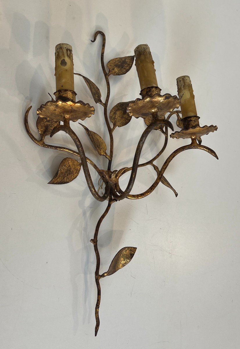 Pair Of 3 Lights Gilt Metal Wall Sconces With Leaves. French Work. Circa 1970-photo-2