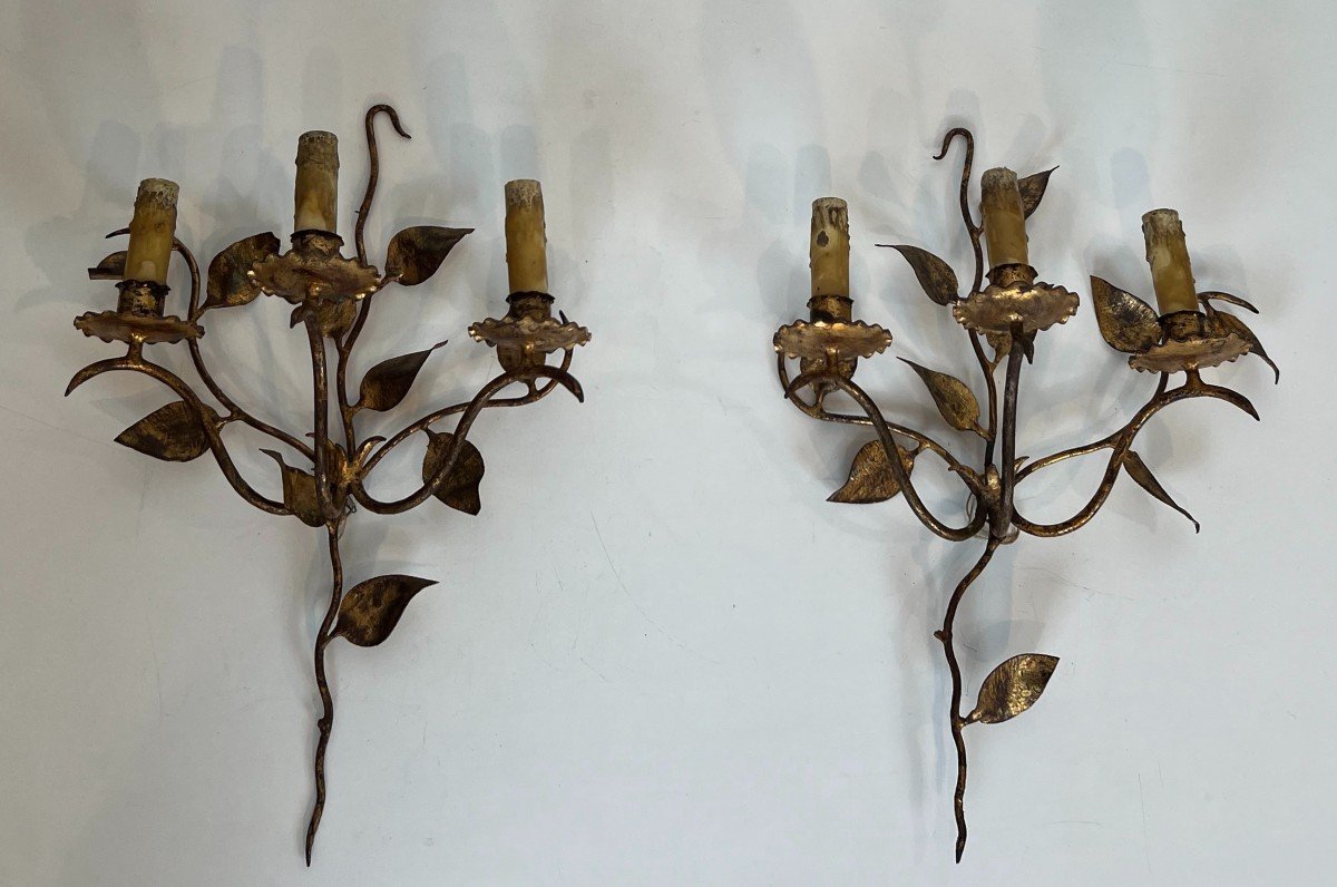 Pair Of 3 Lights Gilt Metal Wall Sconces With Leaves. French Work. Circa 1970-photo-7