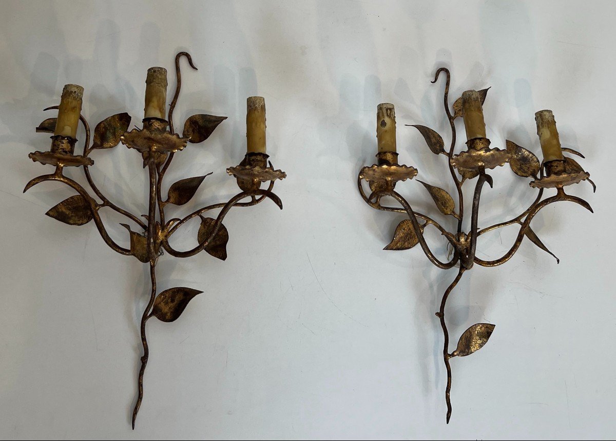 Pair Of 3 Lights Gilt Metal Wall Sconces With Leaves. French Work. Circa 1970-photo-8