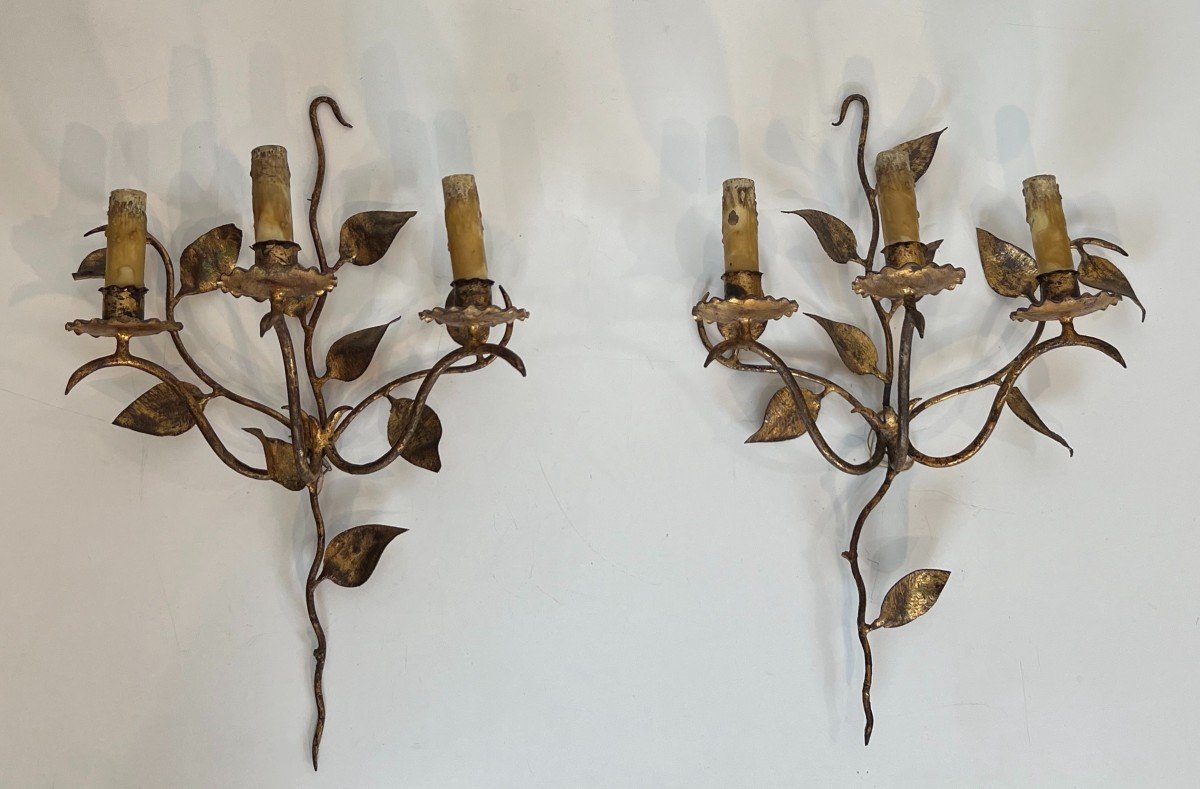 Pair Of 3 Lights Gilt Metal Wall Sconces With Leaves. French Work. Circa 1970