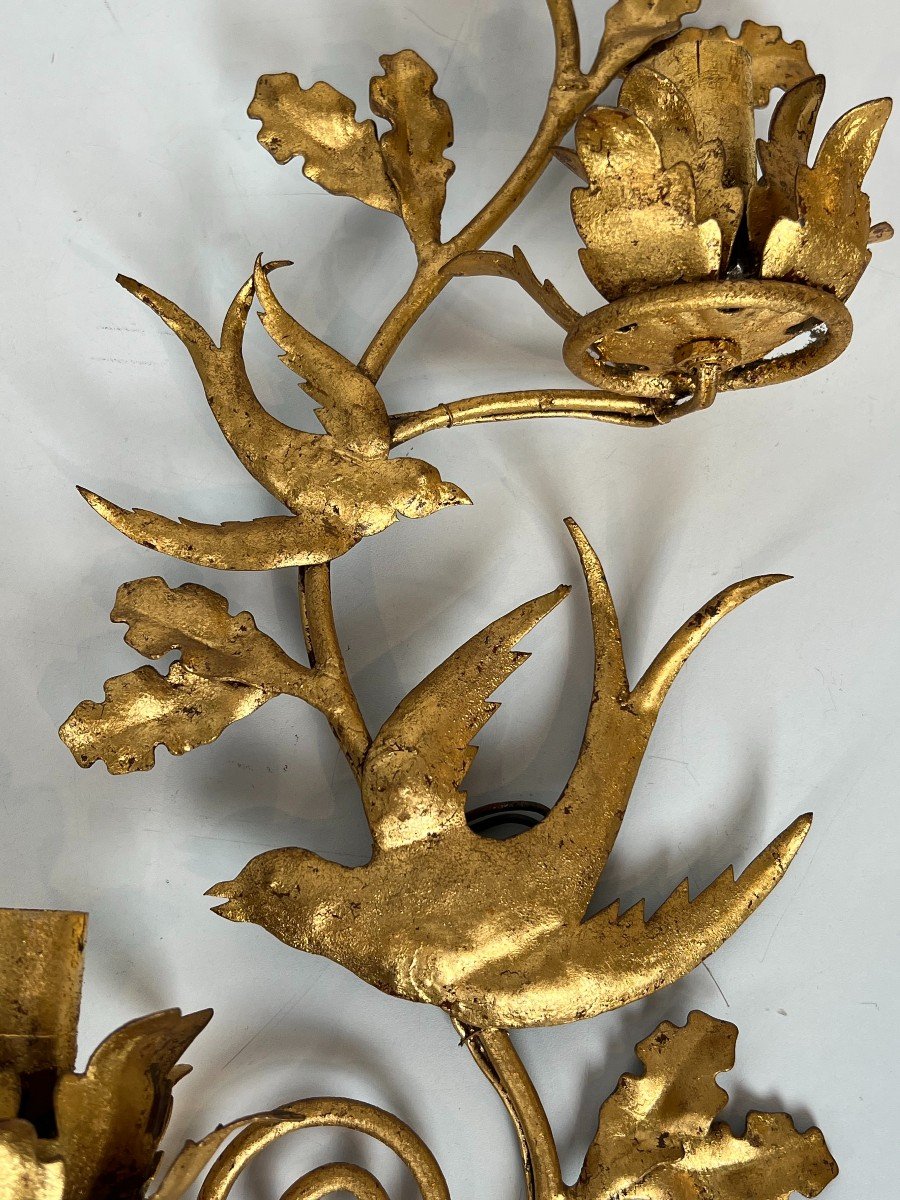 Pair Of Gilded Metal Birds Wall Sconces. French Work In The Style Of Maison Baguès. Circa 1970-photo-2