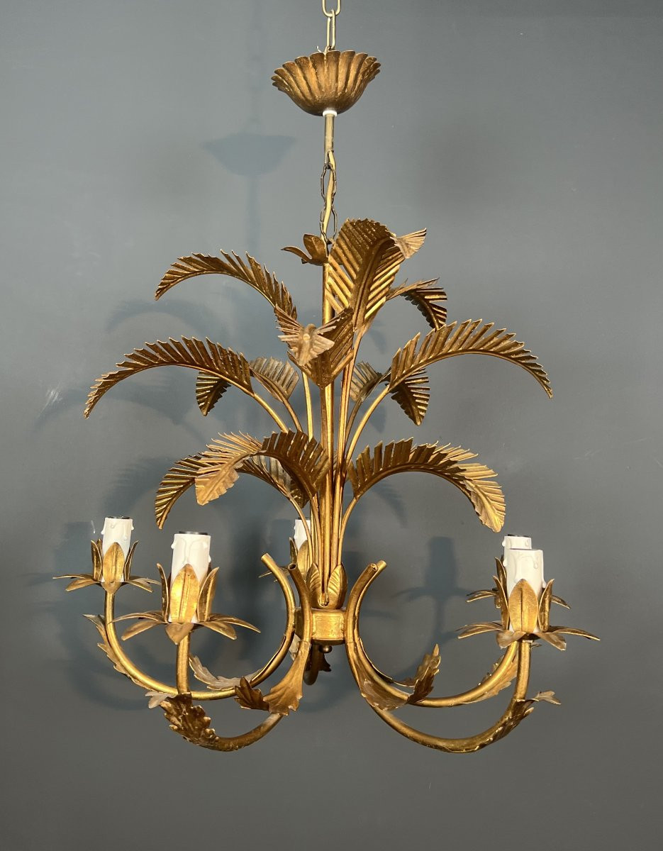 Gilt Iron Palm Tree Chandelier With 5 Arms. French Work In The Style Of Coco Chanel. -photo-3