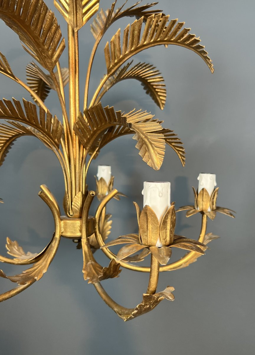 Gilt Iron Palm Tree Chandelier With 5 Arms. French Work In The Style Of Coco Chanel. -photo-6