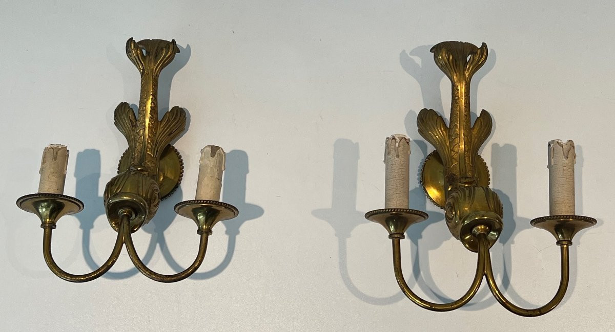 Pair Of Dolfin Bronze Wall Sconces. French Work By Maison Jansen. Circa 1940-photo-2