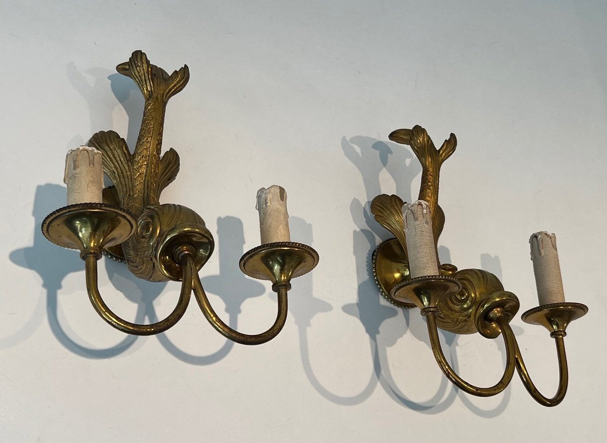 Pair Of Dolfin Bronze Wall Sconces. French Work By Maison Jansen. Circa 1940-photo-3