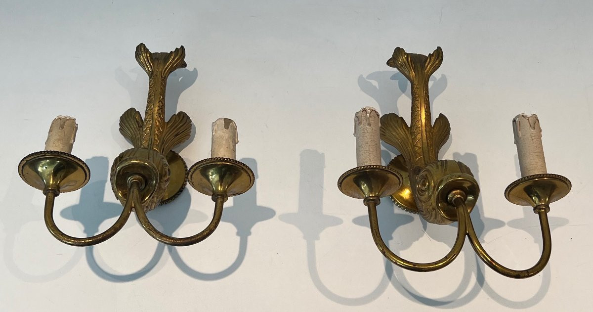 Pair Of Dolfin Bronze Wall Sconces. French Work By Maison Jansen. Circa 1940-photo-4