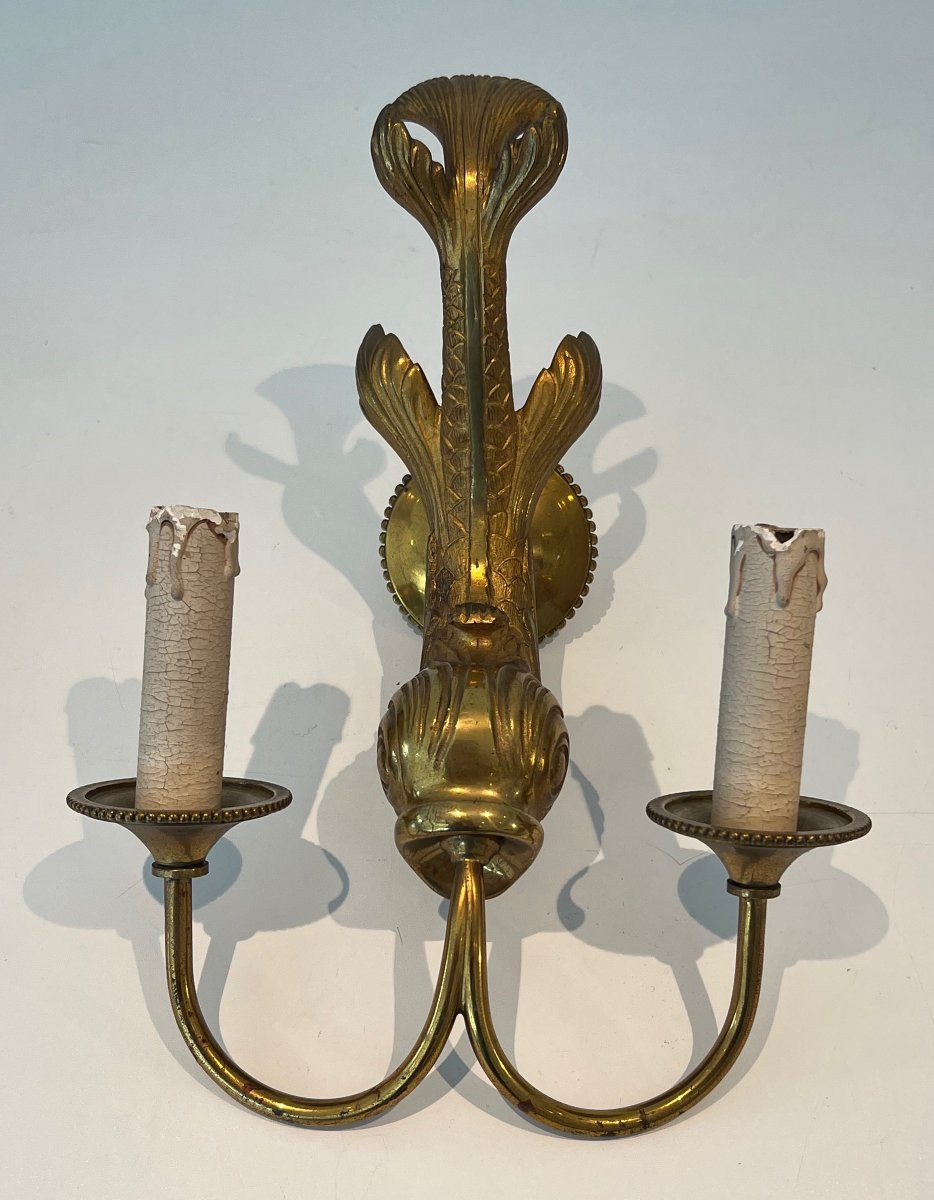 Pair Of Dolfin Bronze Wall Sconces. French Work By Maison Jansen. Circa 1940-photo-1