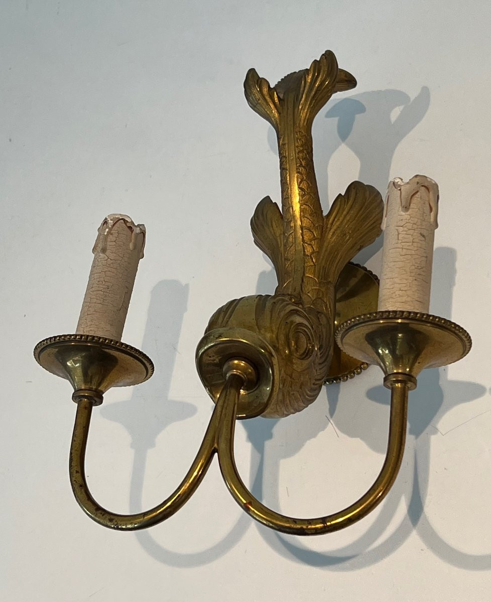 Pair Of Dolfin Bronze Wall Sconces. French Work By Maison Jansen. Circa 1940-photo-4