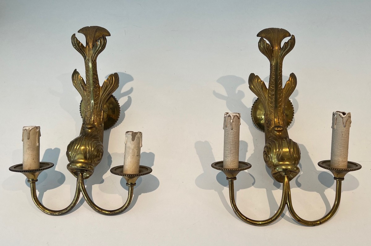 Pair Of Dolfin Bronze Wall Sconces. French Work By Maison Jansen. Circa 1940