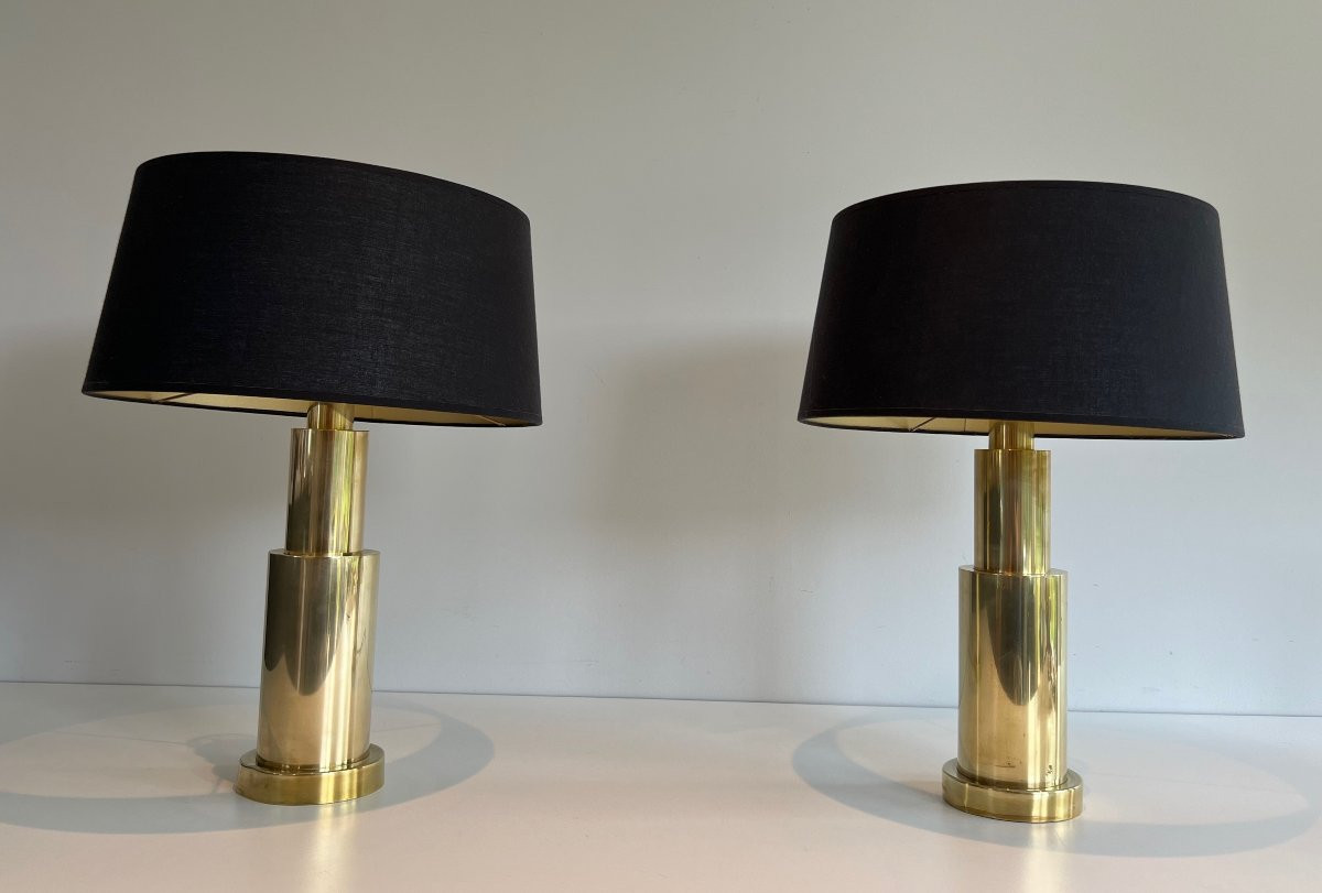 Pair Of Modernist Brass Table Lamps. French Work. Circa 1970-photo-2