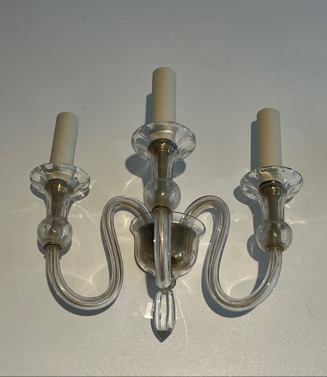 Pair Of Murano Crystal Wall Lights With 3 Lights. Italian Work. Circa 1940-photo-2