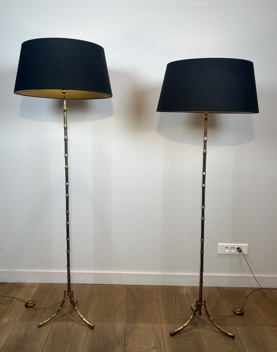 Pair Of Faux-bamboo Bronze Floor Lamps. French Work By Maison Bagués. Circa 1940 (false Pair)