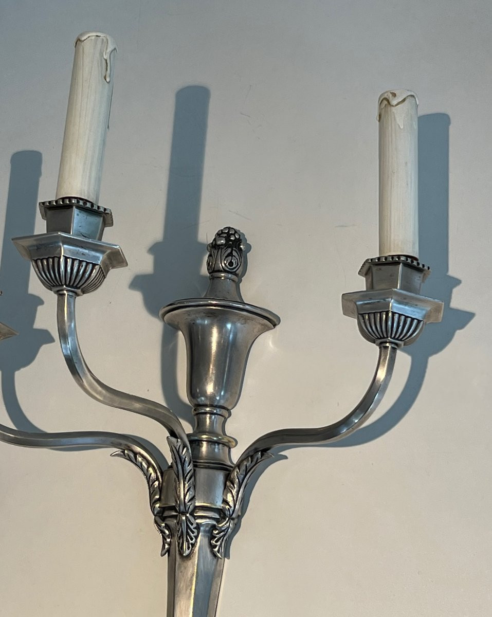 Pair Of Large Silvered Metal Wall Lights With 3 Arms. French Work. Circa 1900-photo-2
