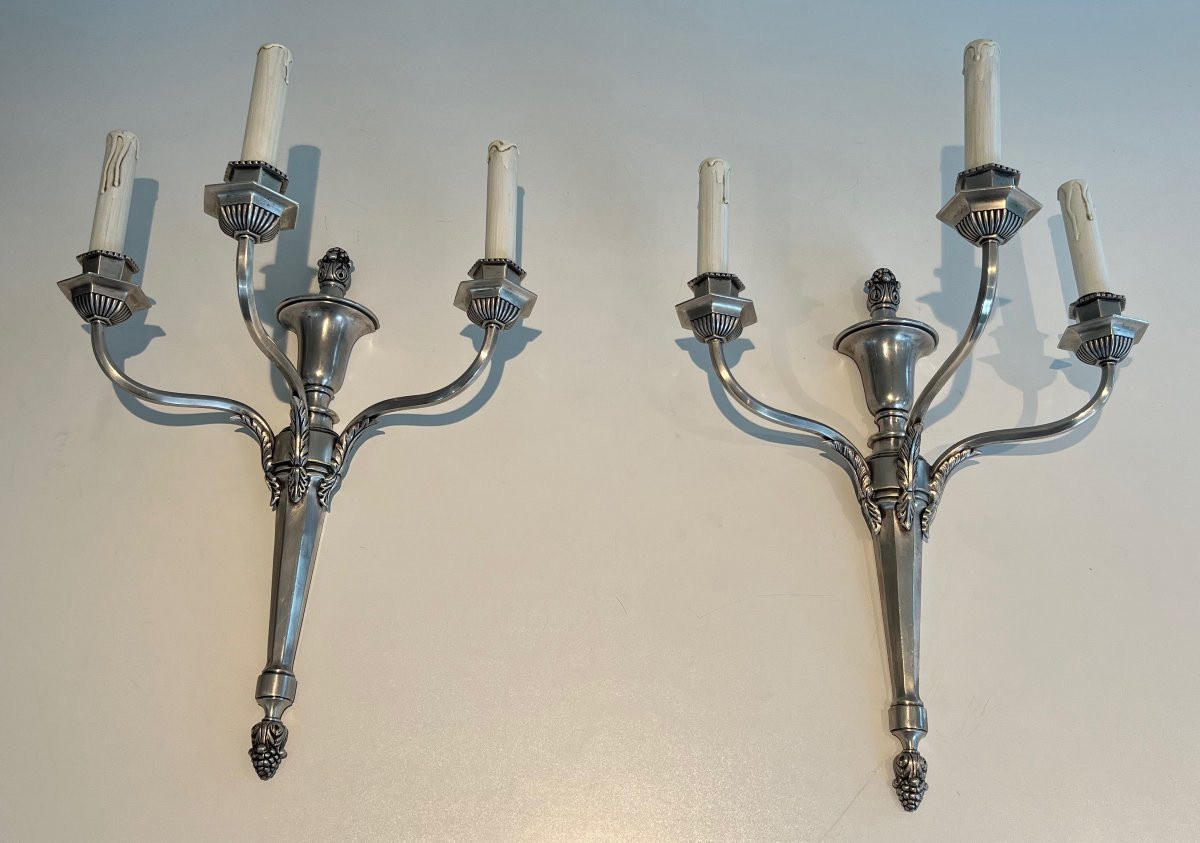Pair Of Large Silvered Metal Wall Lights With 3 Arms. French Work. Circa 1900-photo-8