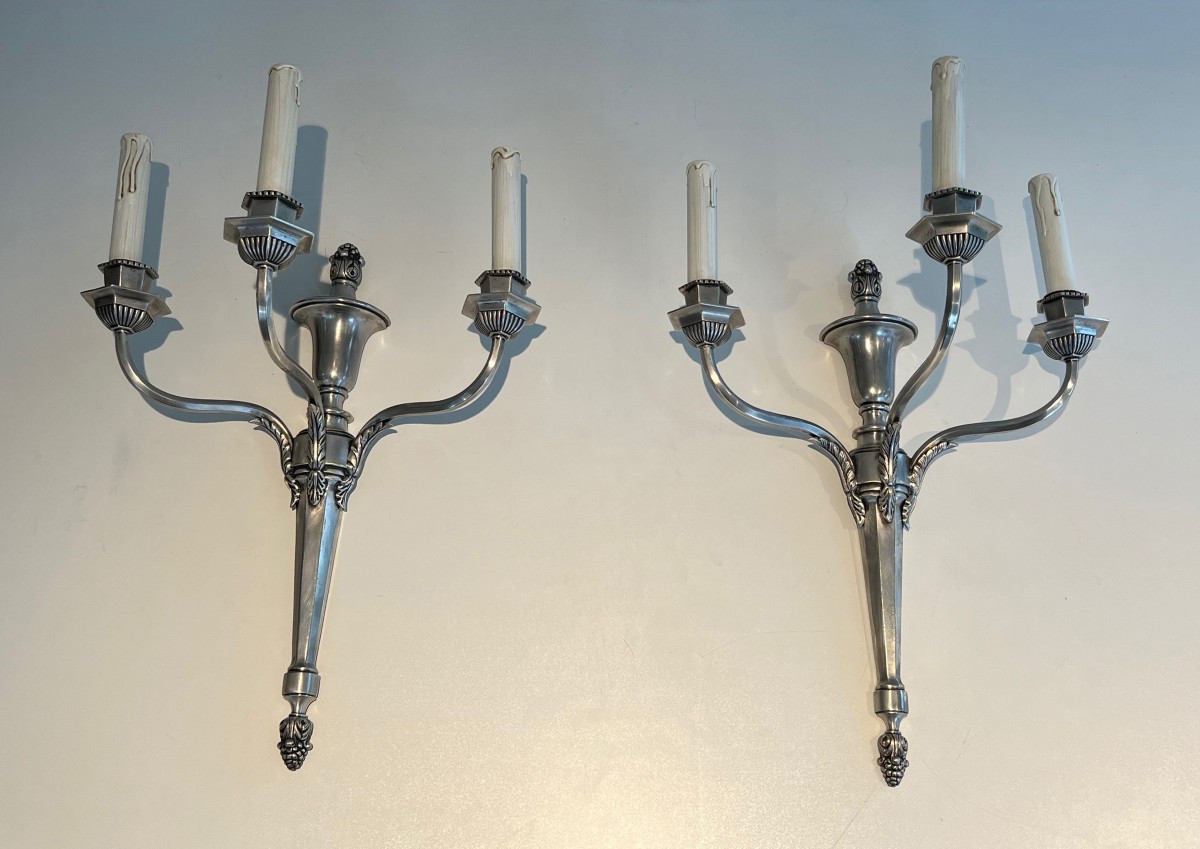 Pair Of Large Silvered Metal Wall Lights With 3 Arms. French Work. Circa 1900