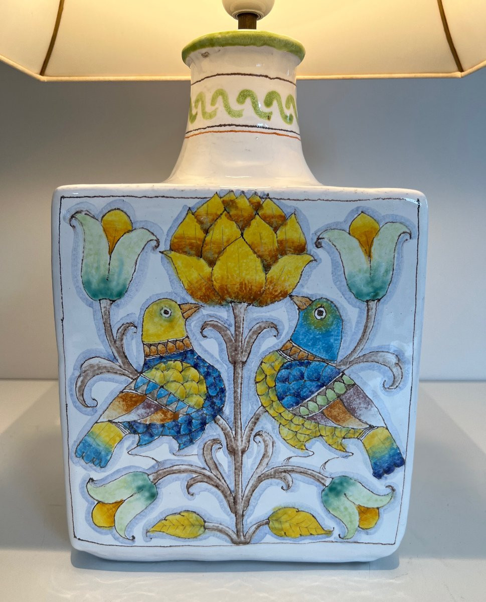 Earthenware Table Lamp With Birds And Flowers Decors. French Work. Circa 1970-photo-1