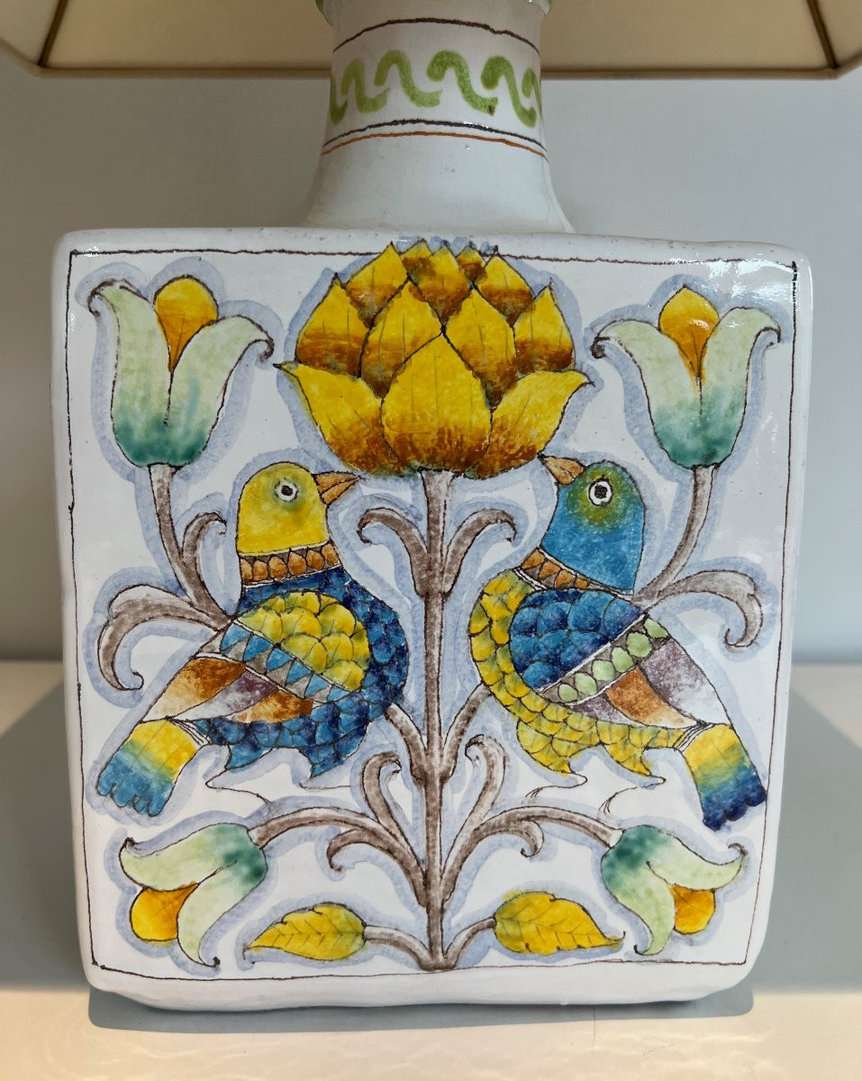 Earthenware Table Lamp With Birds And Flowers Decors. French Work. Circa 1970-photo-2