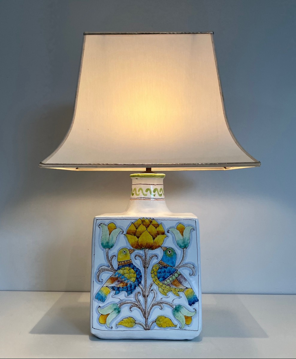 Earthenware Table Lamp With Birds And Flowers Decors. French Work. Circa 1970