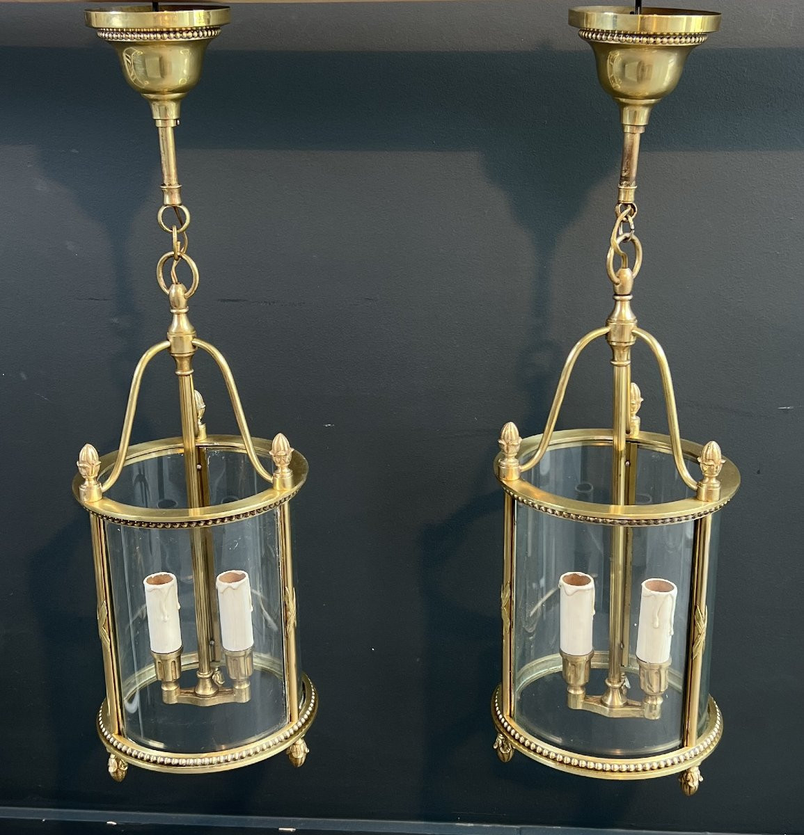 Rare Set Of 4 Neoclassical Style Bronze Round Lanterns. French Work Attributed To Maison Jansen-photo-3
