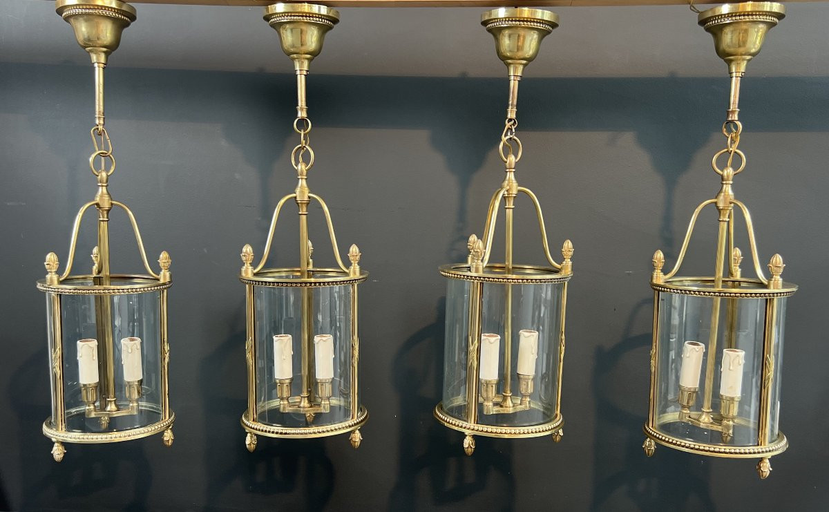 Rare Set Of 4 Neoclassical Style Bronze Round Lanterns. French Work Attributed To Maison Jansen-photo-4