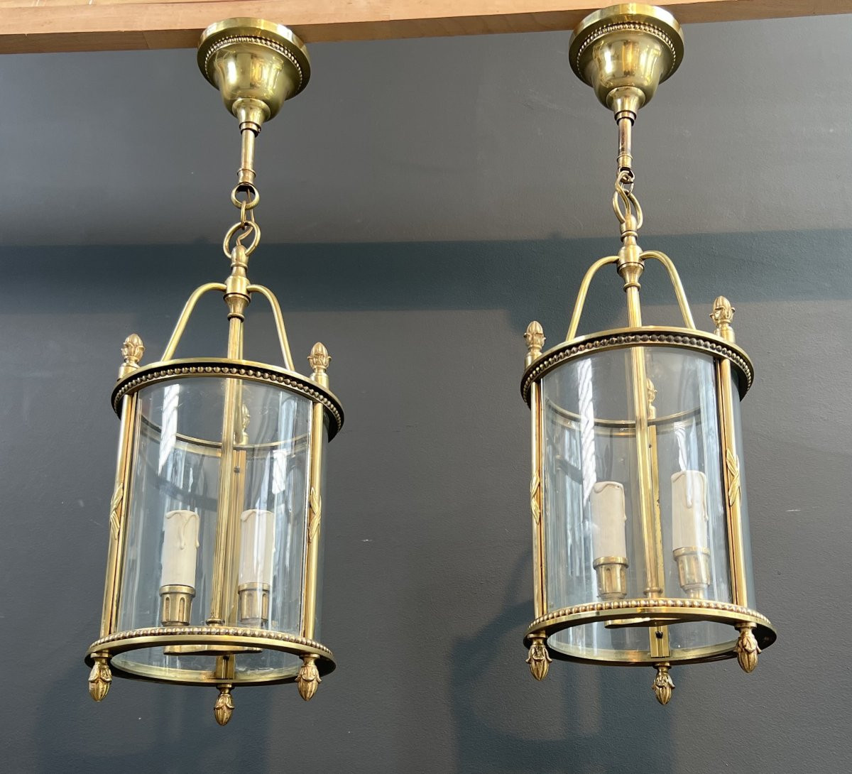 Rare Set Of 4 Neoclassical Style Bronze Round Lanterns. French Work Attributed To Maison Jansen-photo-3