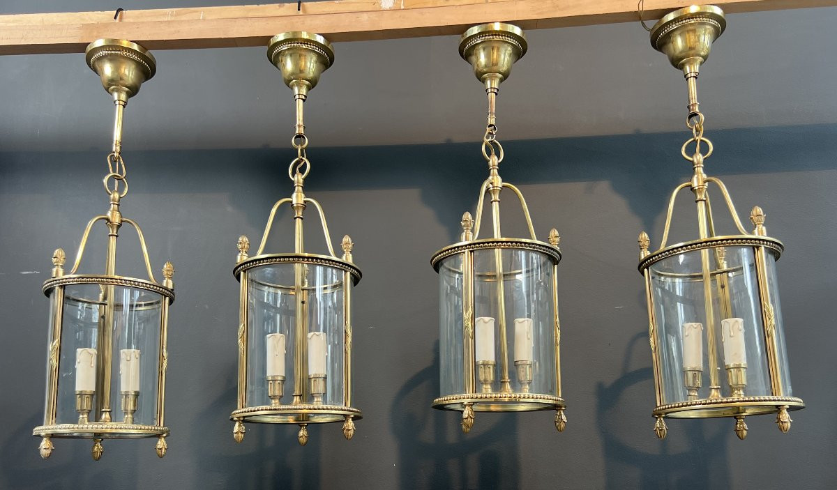 Rare Set Of 4 Neoclassical Style Bronze Round Lanterns. French Work Attributed To Maison Jansen-photo-4