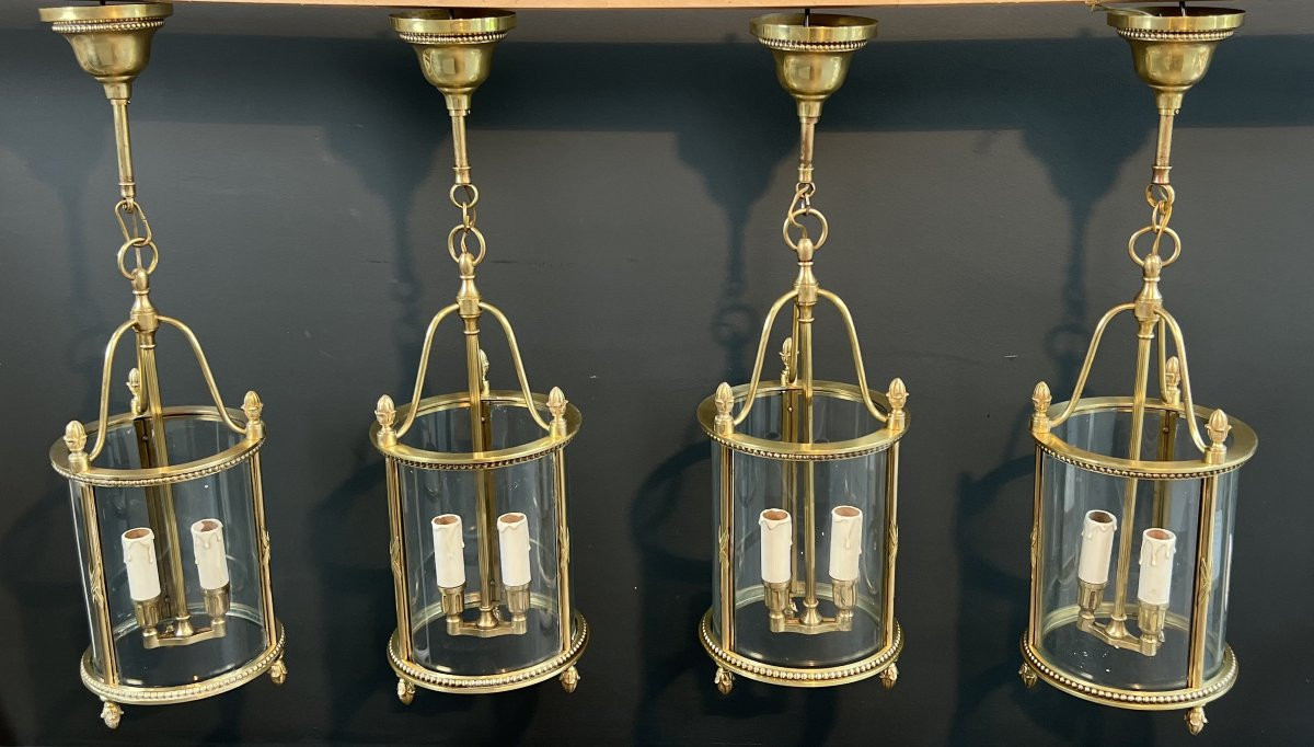 Rare Set Of 4 Neoclassical Style Bronze Round Lanterns. French Work Attributed To Maison Jansen-photo-6