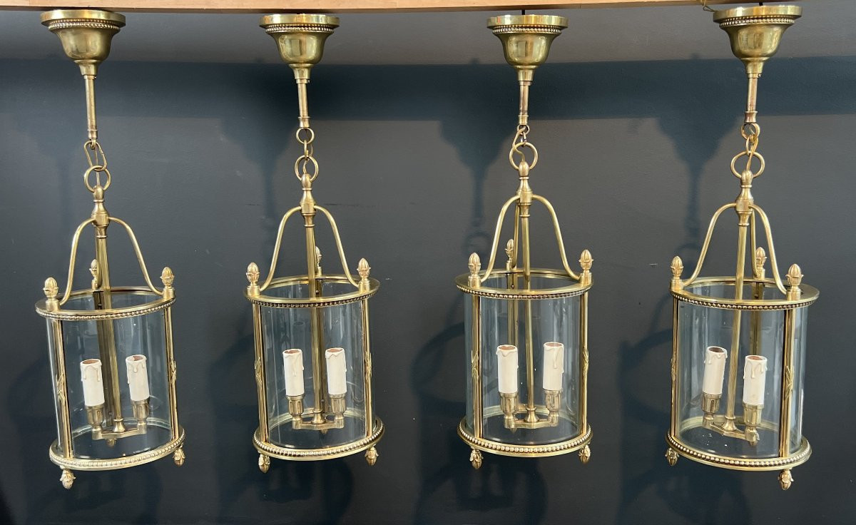 Rare Set Of 4 Neoclassical Style Bronze Round Lanterns. French Work Attributed To Maison Jansen-photo-8