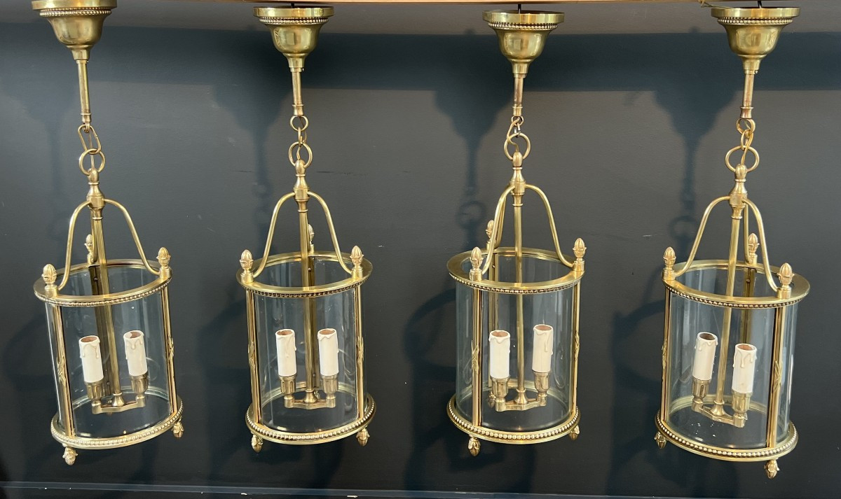 Rare Set Of 4 Neoclassical Style Bronze Round Lanterns. French Work Attributed To Maison Jansen