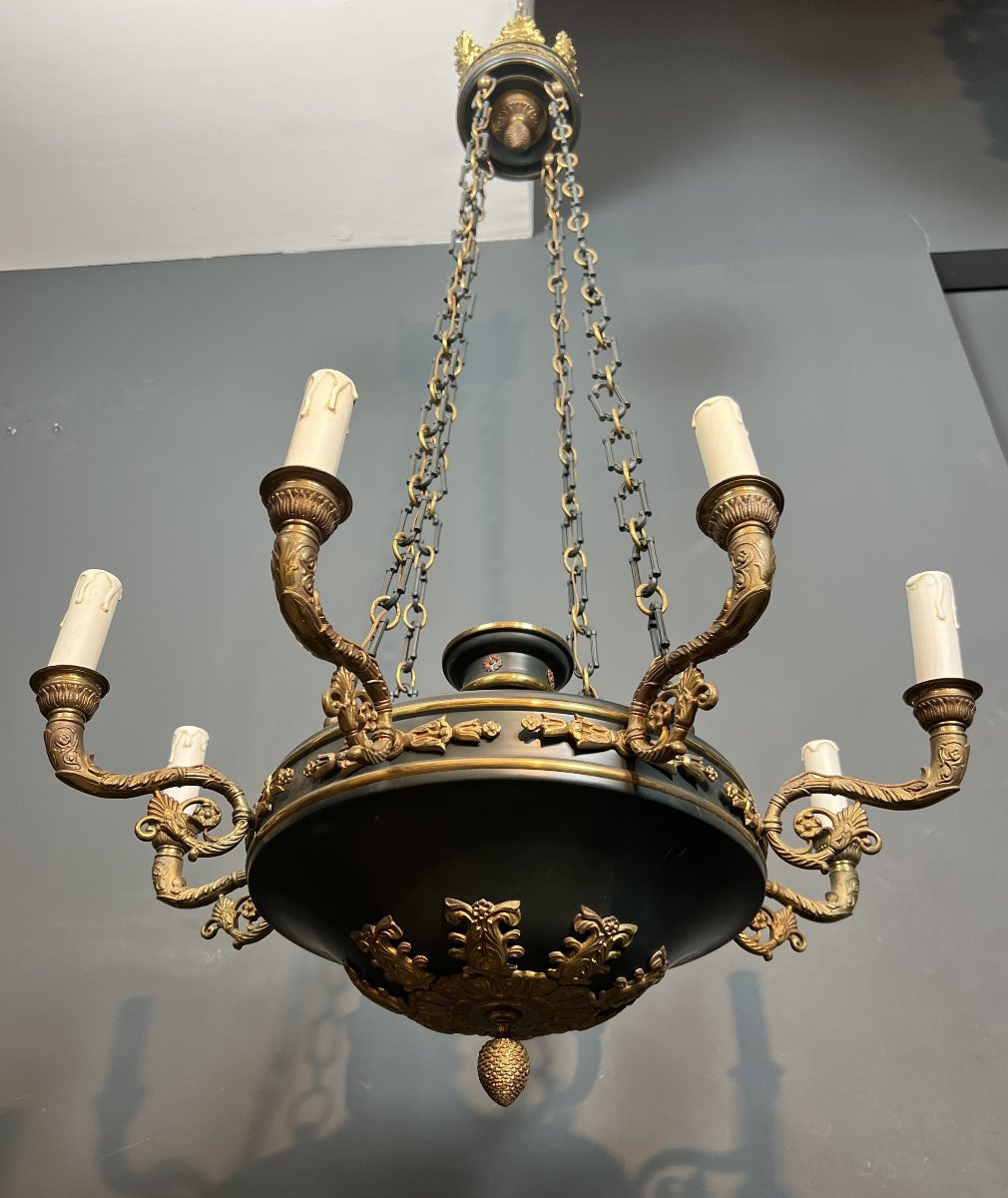 Large Empire Style Chandelier Made Of Green Sheet Metal And Gilded Bronze -photo-3