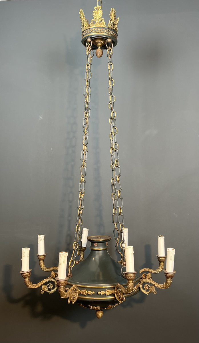 Large Empire Style Chandelier Made Of Green Sheet Metal And Gilded Bronze -photo-4