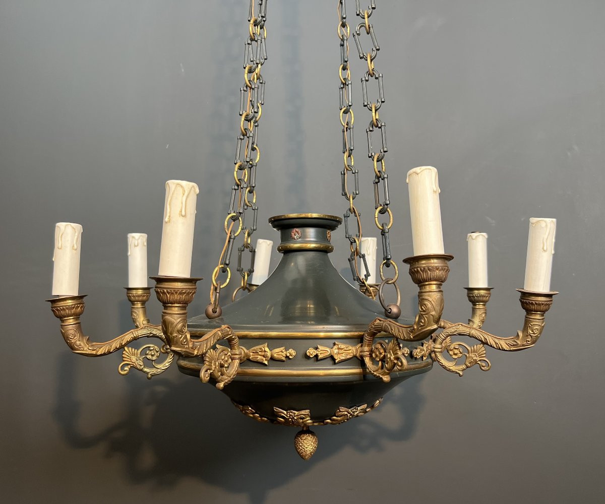 Large Empire Style Chandelier Made Of Green Sheet Metal And Gilded Bronze -photo-3