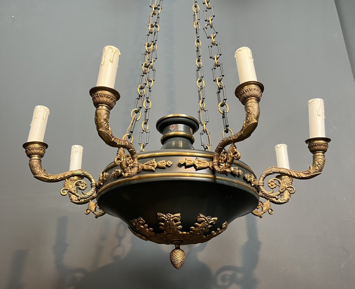 Large Empire Style Chandelier Made Of Green Sheet Metal And Gilded Bronze -photo-4