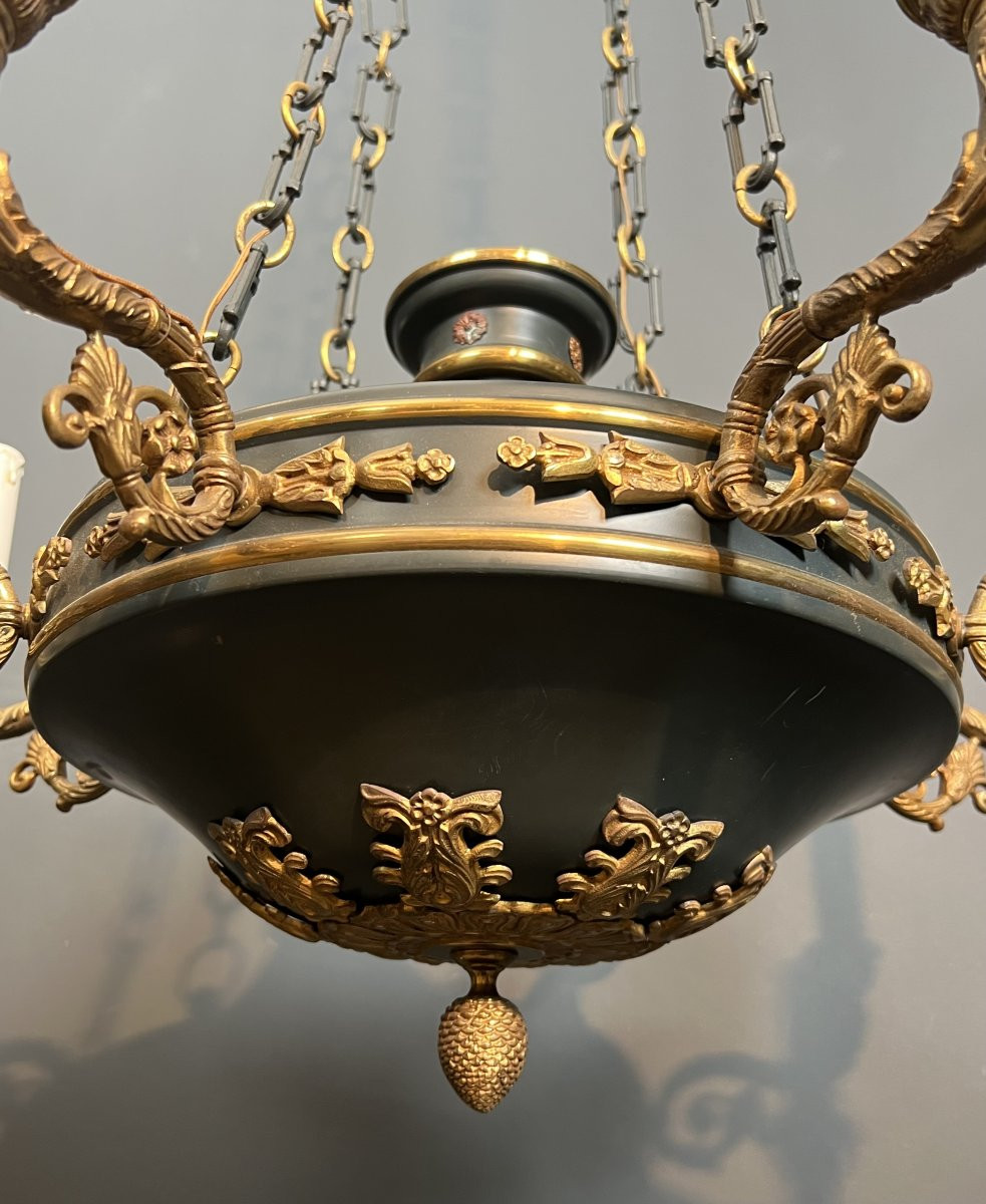 Large Empire Style Chandelier Made Of Green Sheet Metal And Gilded Bronze -photo-7