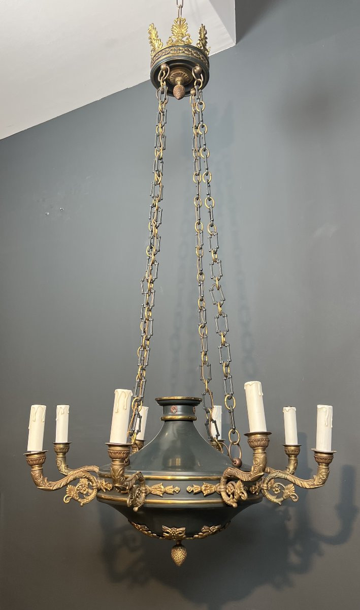 Large Empire Style Chandelier Made Of Green Sheet Metal And Gilded Bronze -photo-8