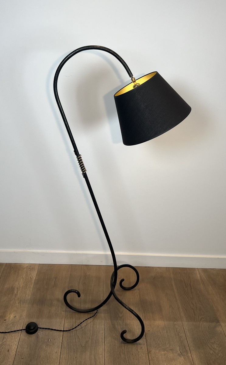 Black Lacquered And Brass Floor Lamp. French Work In The Style Of Jean Royère. Circa 1950