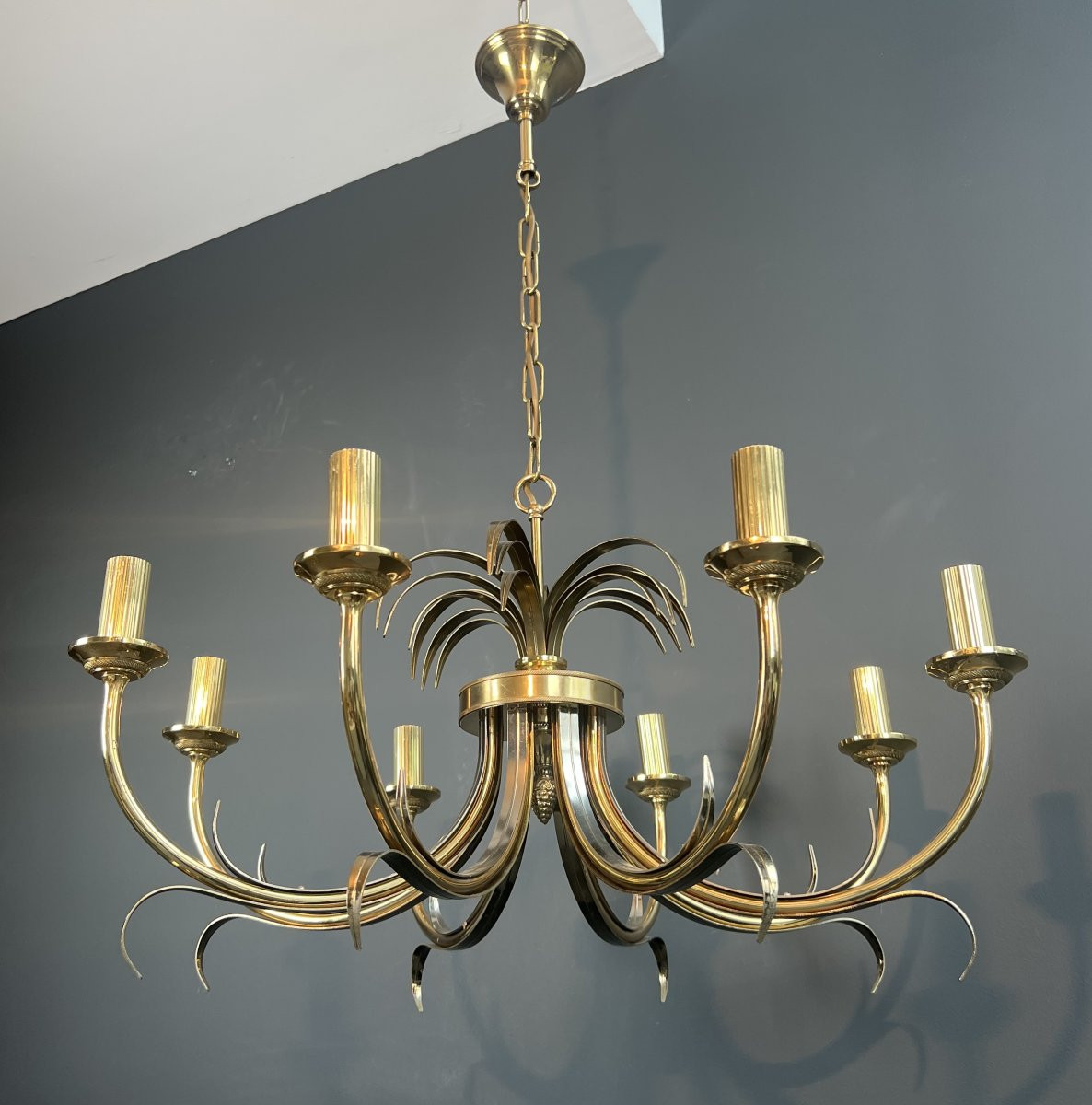 Lustre ananas en métal brossé et métal doré. Travail Français dans le Goût de la Maison Charles-photo-2