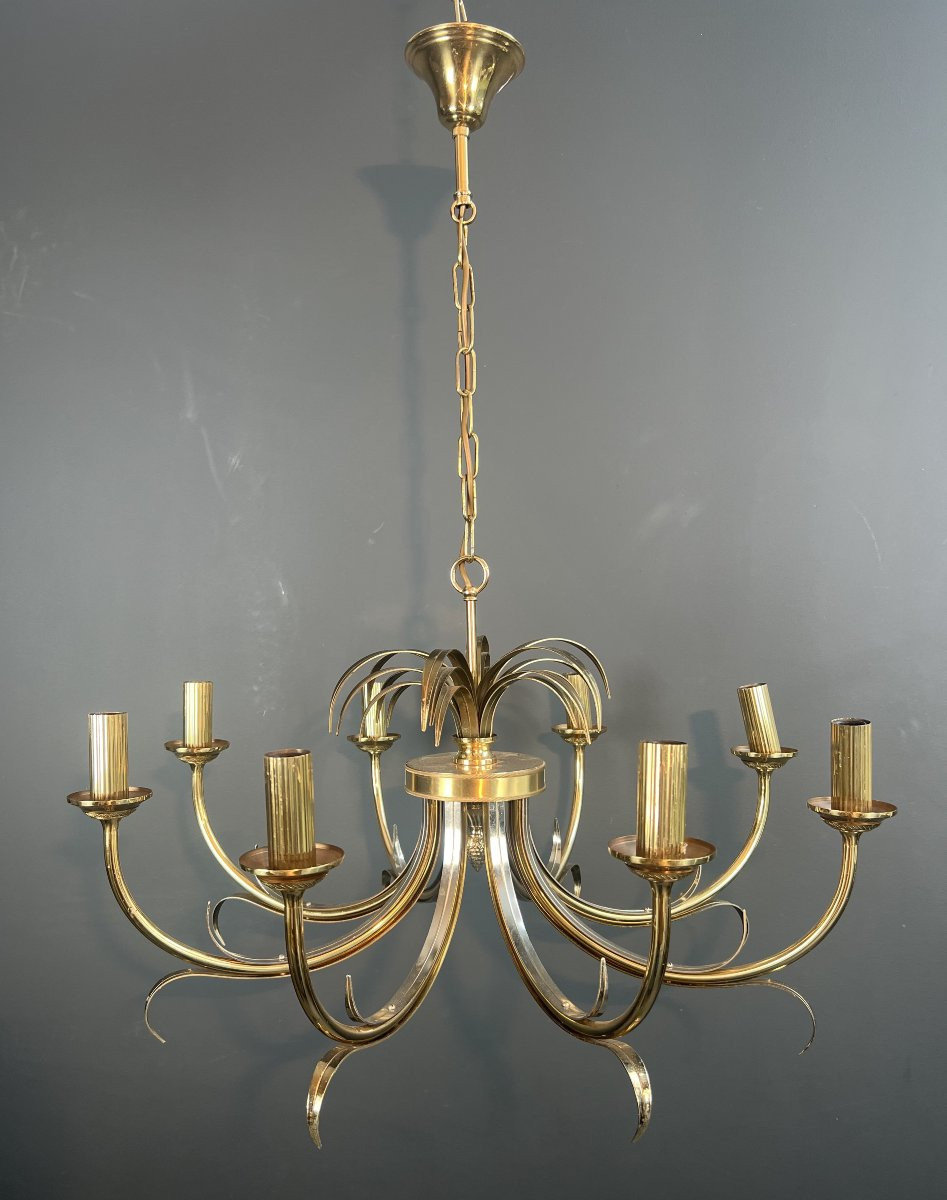 Lustre ananas en métal brossé et métal doré. Travail Français dans le Goût de la Maison Charles-photo-3