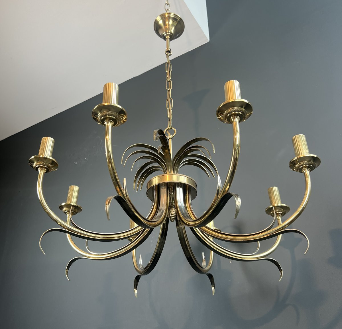 Lustre ananas en métal brossé et métal doré. Travail Français dans le Goût de la Maison Charles-photo-8