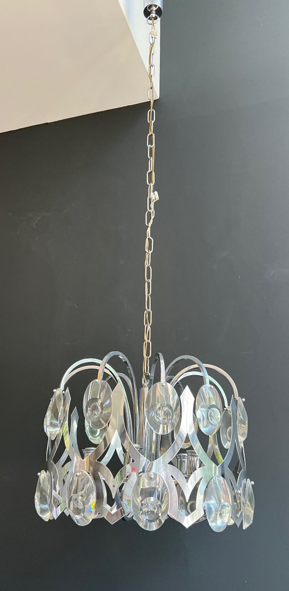 Design Chrome And Crystal Chandelier. Italian Work By Angelo Gaetano Sciolari. Circa 1970-photo-3