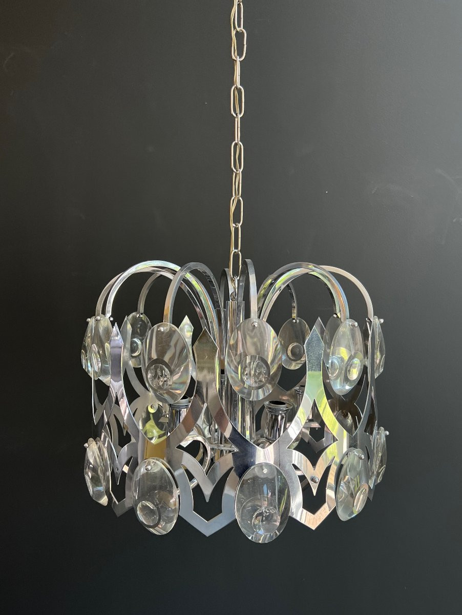 Design Chrome And Crystal Chandelier. Italian Work By Angelo Gaetano Sciolari. Circa 1970-photo-4
