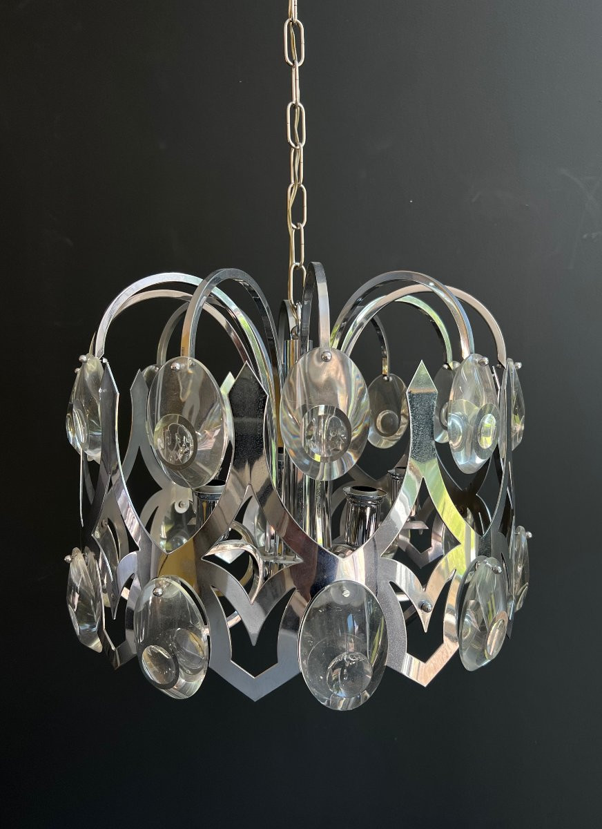 Design Chrome And Crystal Chandelier. Italian Work By Angelo Gaetano Sciolari. Circa 1970-photo-2
