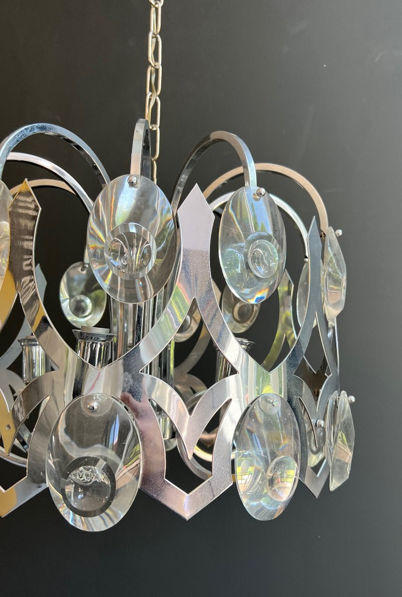 Design Chrome And Crystal Chandelier. Italian Work By Angelo Gaetano Sciolari. Circa 1970-photo-7