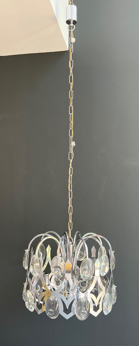Design Chrome And Crystal Chandelier. Italian Work By Angelo Gaetano Sciolari. Circa 1970