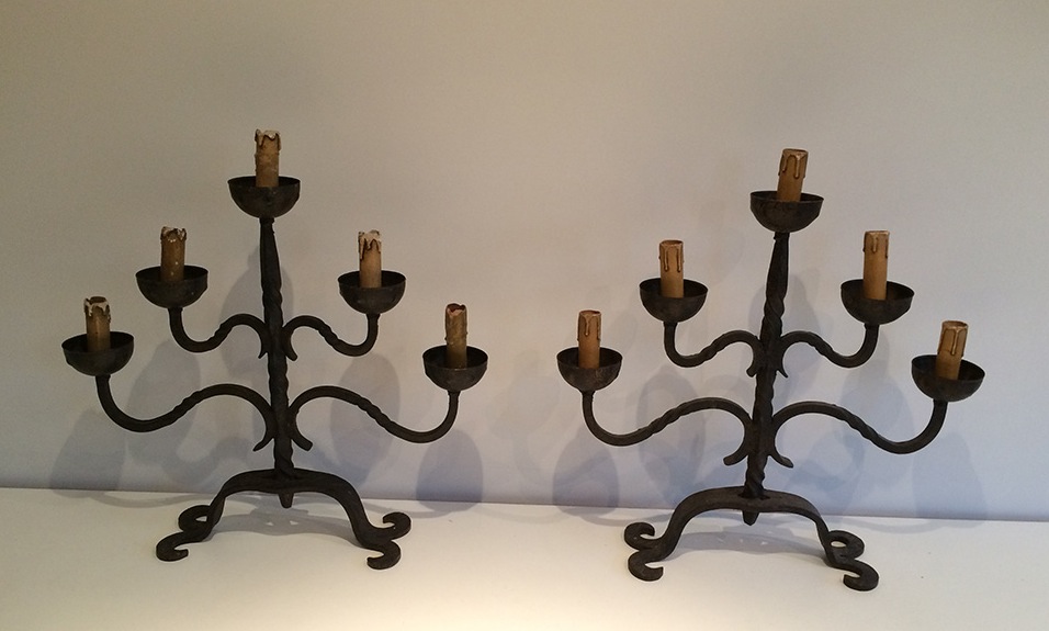 Pair Of Candelabra Wrought Iron Around 1960.-photo-2