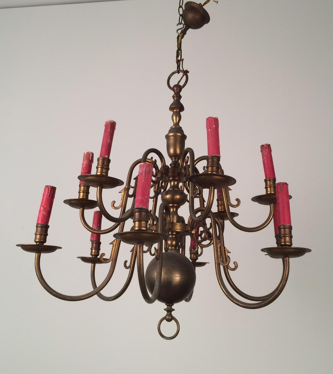 Lustre De Style Hollandais En Bronze Et Laiton Vers 1920.-photo-3