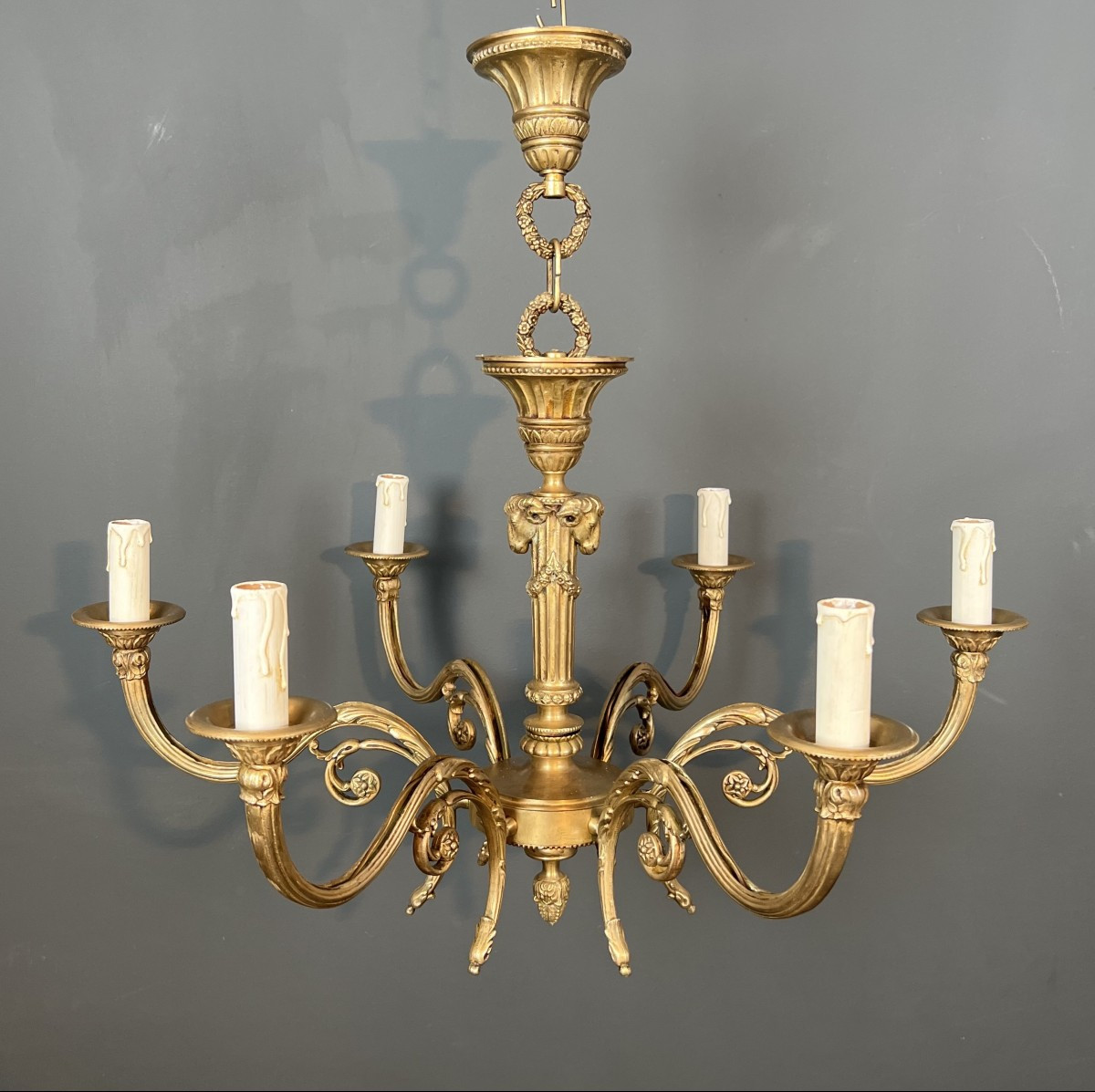 Bronze Chandelier With Ram's Heads In The Louis XVI Style, In The Style Of The Jansen Family-photo-2