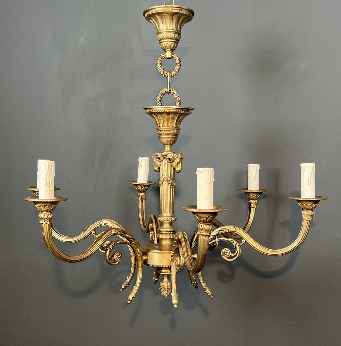 Bronze Chandelier With Ram's Heads In The Louis XVI Style, In The Style Of The Jansen Family-photo-3