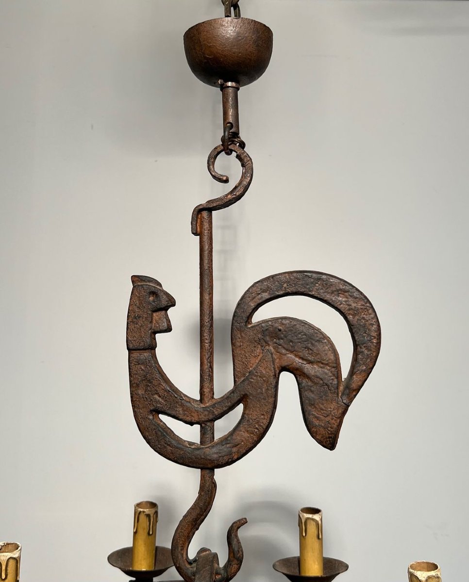 Wrought Iron Rooster Chandelier By Jean Touret For The Atelier Marolles-photo-4